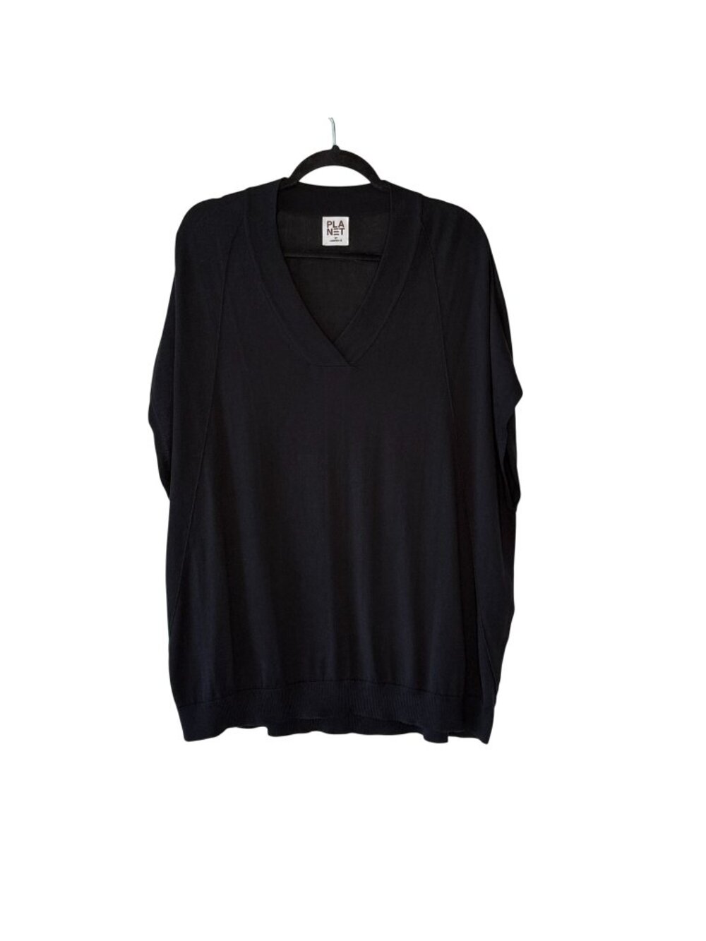 PLANET by Lauren G Black V-Neck Oversized Sweater Pima Cotton OS Lagenlook